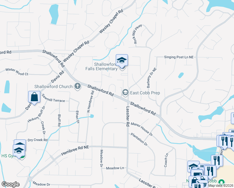 map of restaurants, bars, coffee shops, grocery stores, and more near 3870 Shallowford Road in Marietta