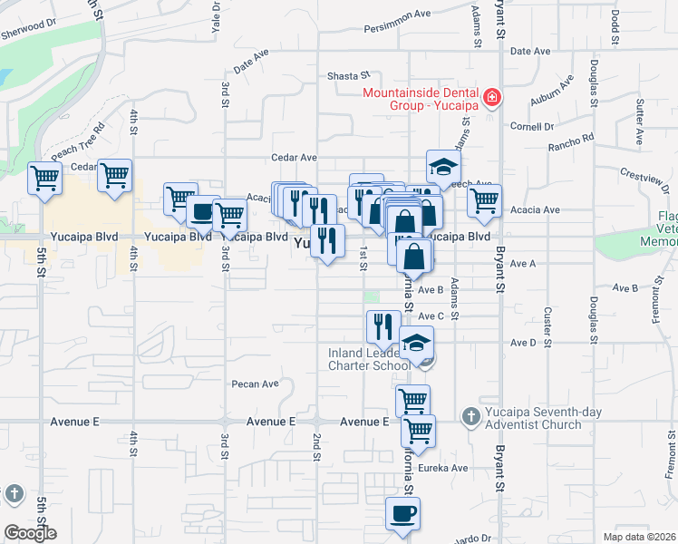 map of restaurants, bars, coffee shops, grocery stores, and more near 34947 Avenue A in Yucaipa