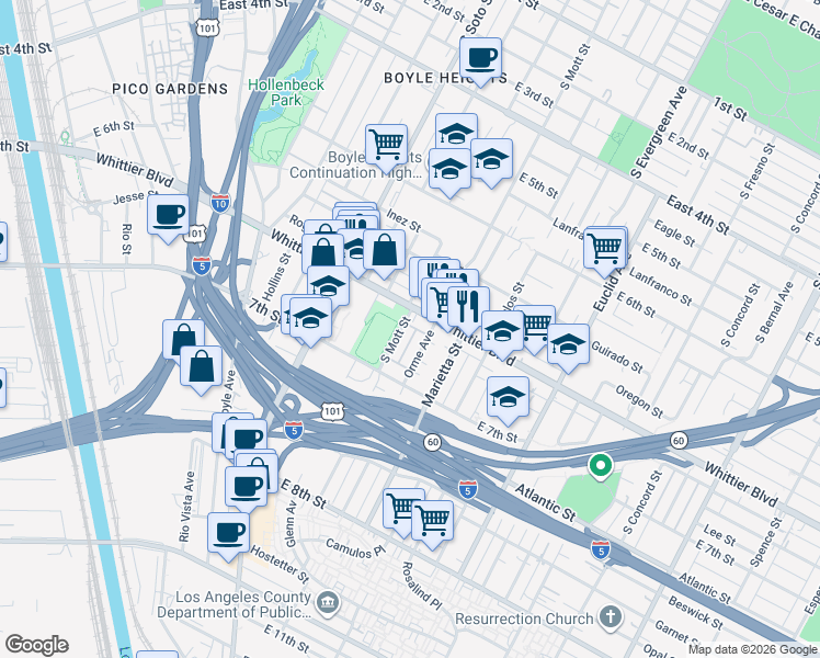 map of restaurants, bars, coffee shops, grocery stores, and more near 924 South Mott Street in Los Angeles