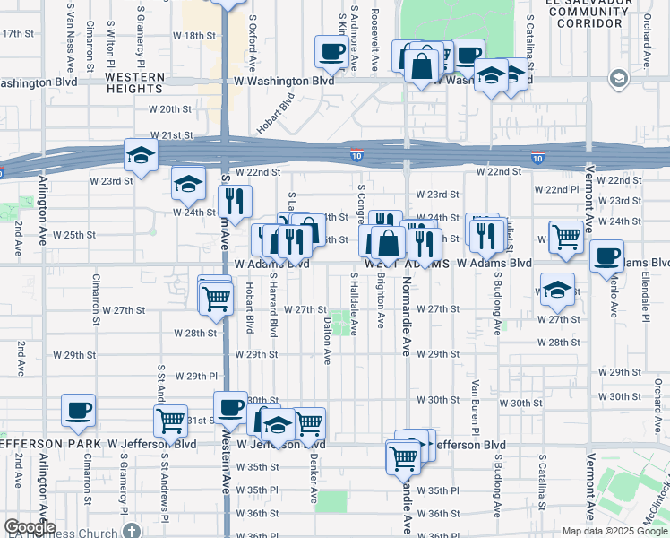 map of restaurants, bars, coffee shops, grocery stores, and more near 1816 West Adams Boulevard in Los Angeles