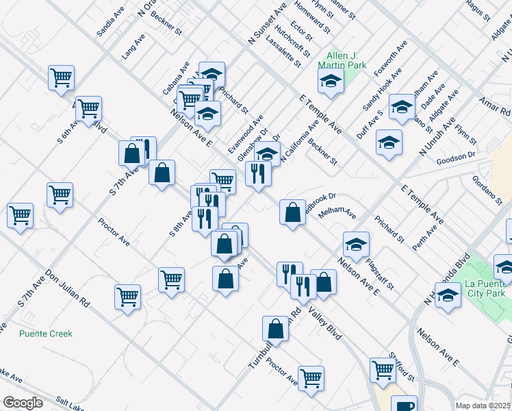 map of restaurants, bars, coffee shops, grocery stores, and more near 220 North California Avenue in City of Industry