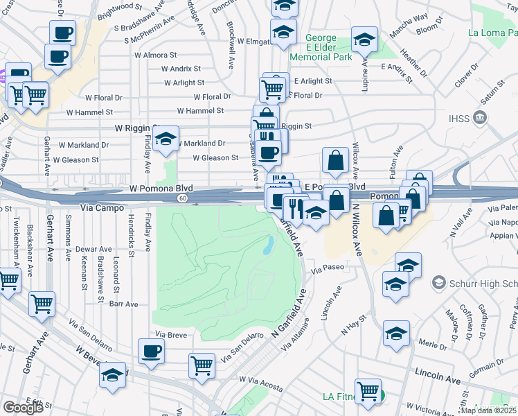 map of restaurants, bars, coffee shops, grocery stores, and more near 2921 Via Campo in Montebello