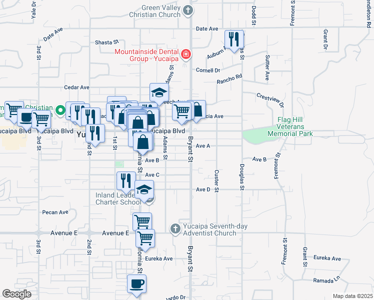 map of restaurants, bars, coffee shops, grocery stores, and more near 35287 Avenue A in Yucaipa