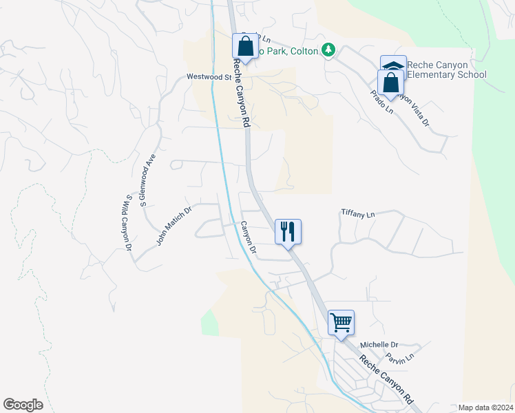 map of restaurants, bars, coffee shops, grocery stores, and more near 2573 East Topanga Court in Colton