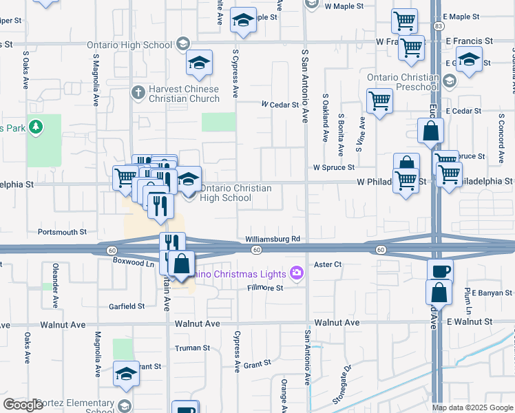 map of restaurants, bars, coffee shops, grocery stores, and more near 705 West Monticello Street in Ontario