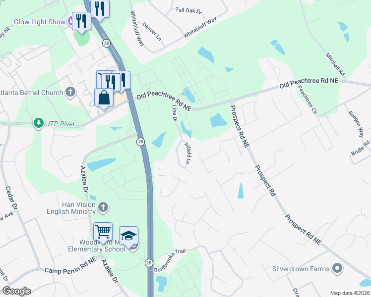 map of restaurants, bars, coffee shops, grocery stores, and more near 2352 Infield Lane in Lawrenceville