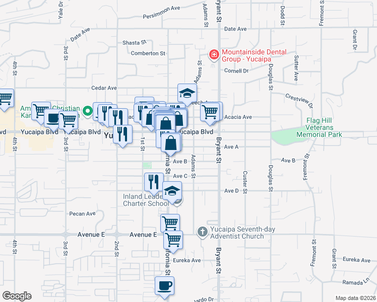 map of restaurants, bars, coffee shops, grocery stores, and more near 35164 Avenue B in Yucaipa