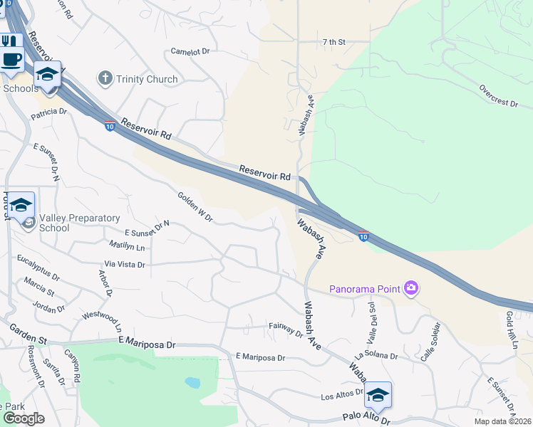 map of restaurants, bars, coffee shops, grocery stores, and more near 649 Golden West Drive in Redlands