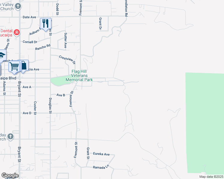 map of restaurants, bars, coffee shops, grocery stores, and more near 12151 Fremont Street in Yucaipa