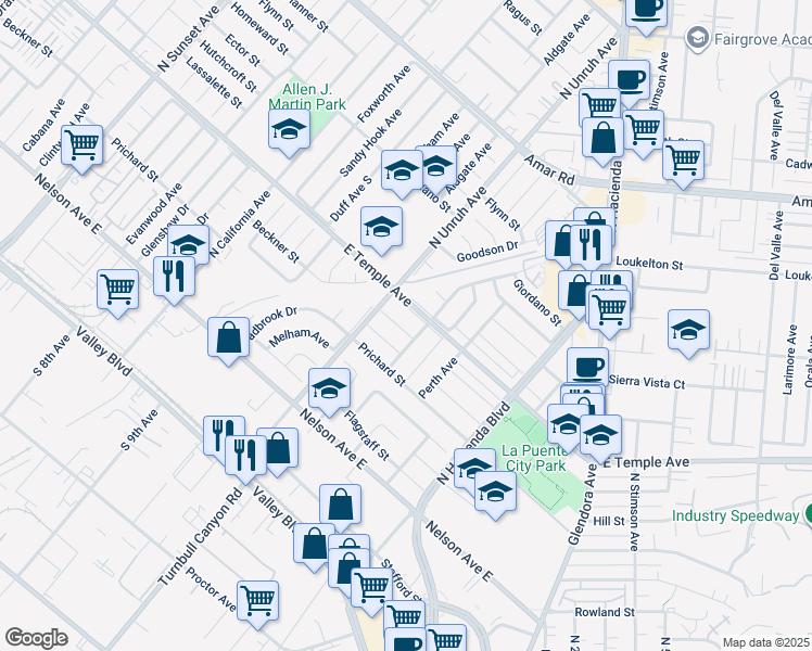 map of restaurants, bars, coffee shops, grocery stores, and more near 15235 Hartsville Street in La Puente