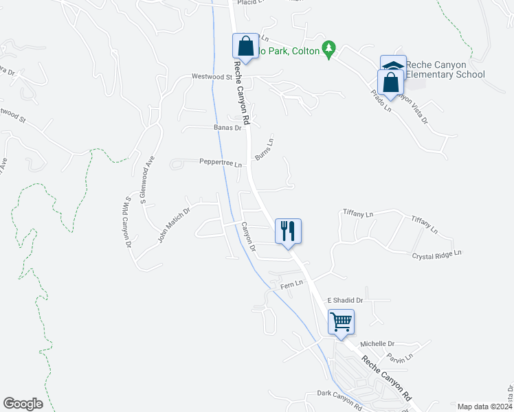 map of restaurants, bars, coffee shops, grocery stores, and more near 2573 East Topanga Court in Colton
