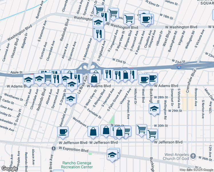 map of restaurants, bars, coffee shops, grocery stores, and more near W Adams Blvd & S Rimpau Blvd in Los Angeles