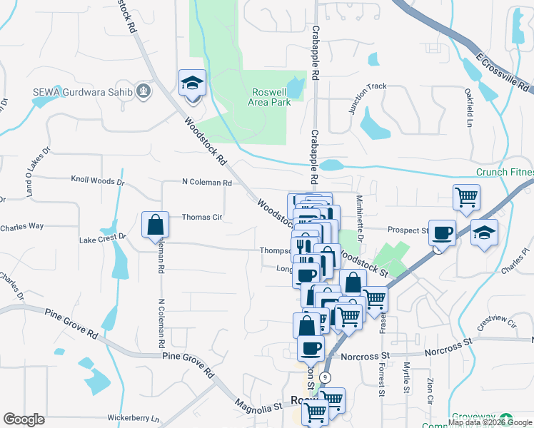 map of restaurants, bars, coffee shops, grocery stores, and more near 103 Nancy Trail in Roswell