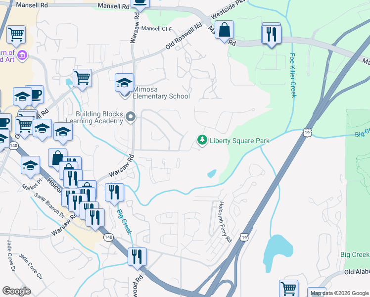 map of restaurants, bars, coffee shops, grocery stores, and more near 1230 Worthington Hills Drive in Roswell