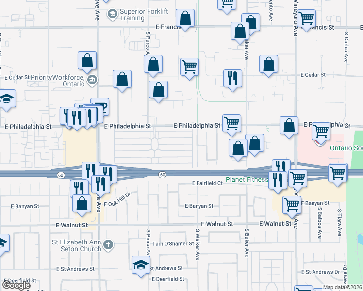 map of restaurants, bars, coffee shops, grocery stores, and more near 1456 East Philadelphia Street in Ontario