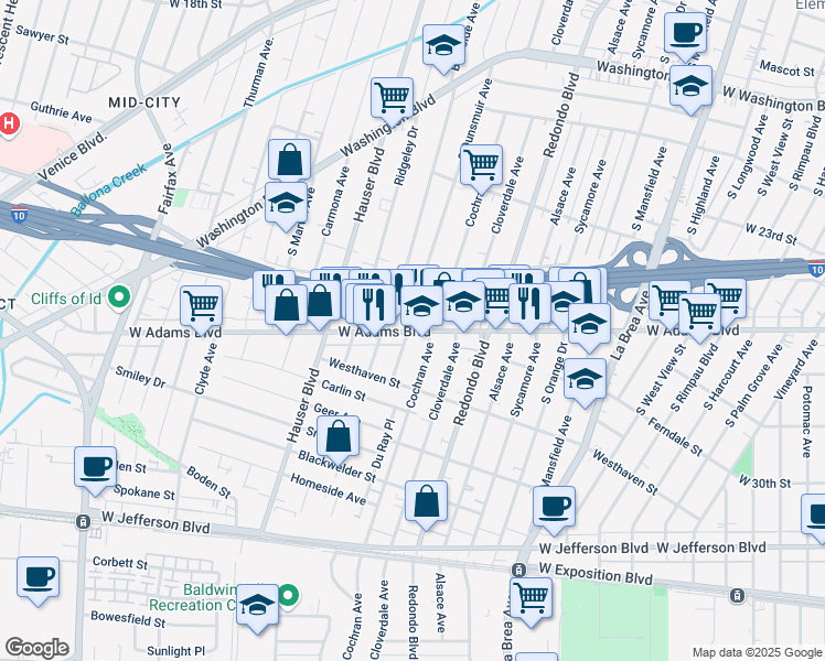 map of restaurants, bars, coffee shops, grocery stores, and more near 2617 South Cochran Avenue in Los Angeles