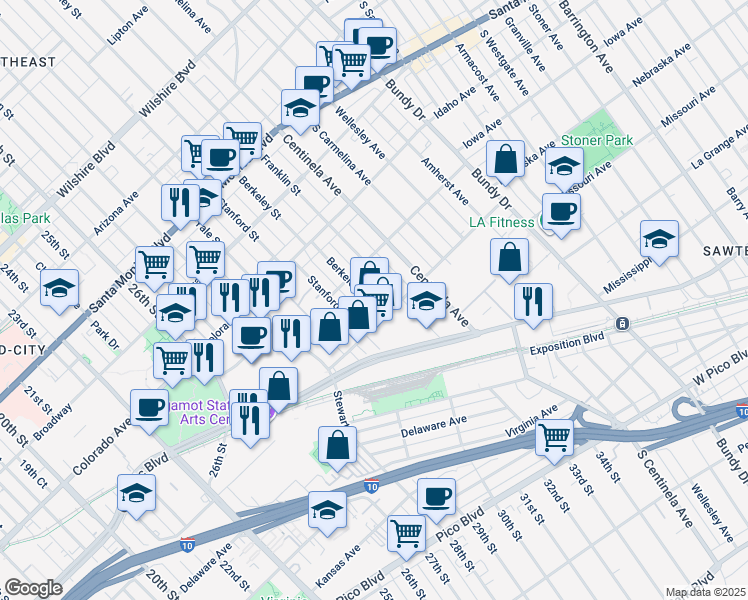 map of restaurants, bars, coffee shops, grocery stores, and more near 1742 Berkeley Street in Santa Monica