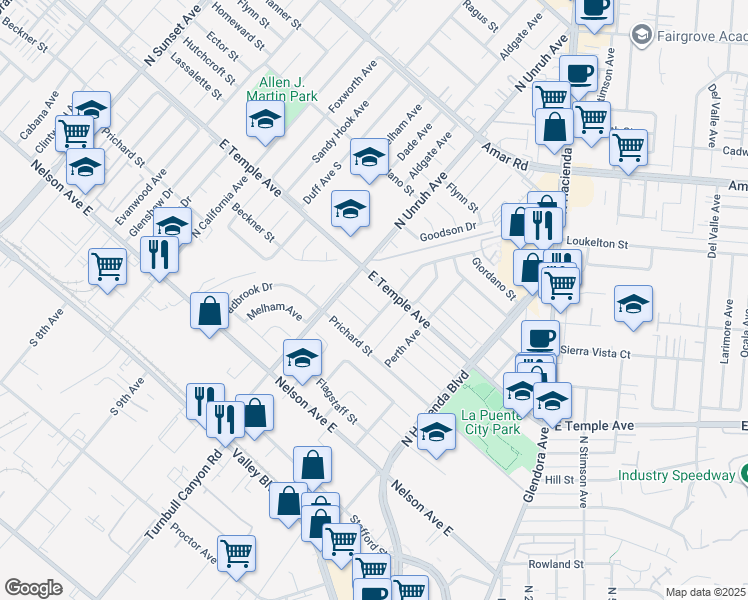 map of restaurants, bars, coffee shops, grocery stores, and more near 15235 Hartsville Street in La Puente