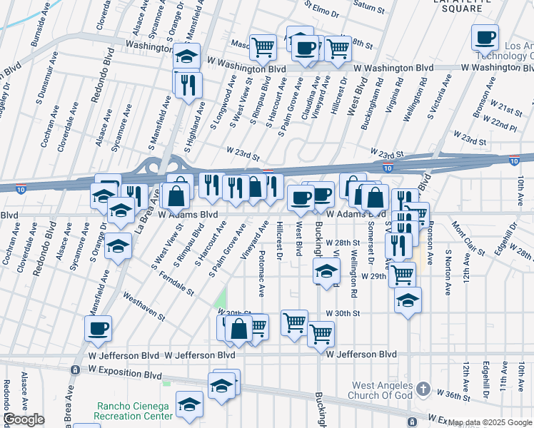 map of restaurants, bars, coffee shops, grocery stores, and more near West Adams Boulevard & Vineyard Avenue in Los Angeles