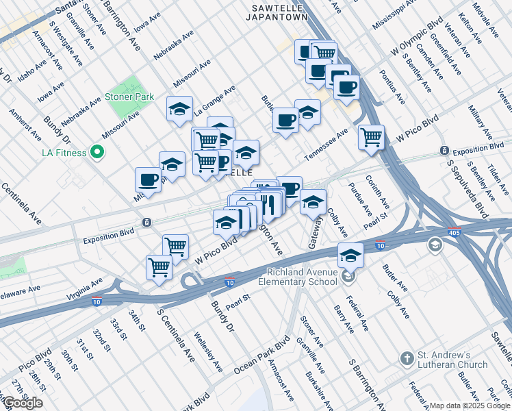 map of restaurants, bars, coffee shops, grocery stores, and more near 2270 South Barrington Avenue in Los Angeles