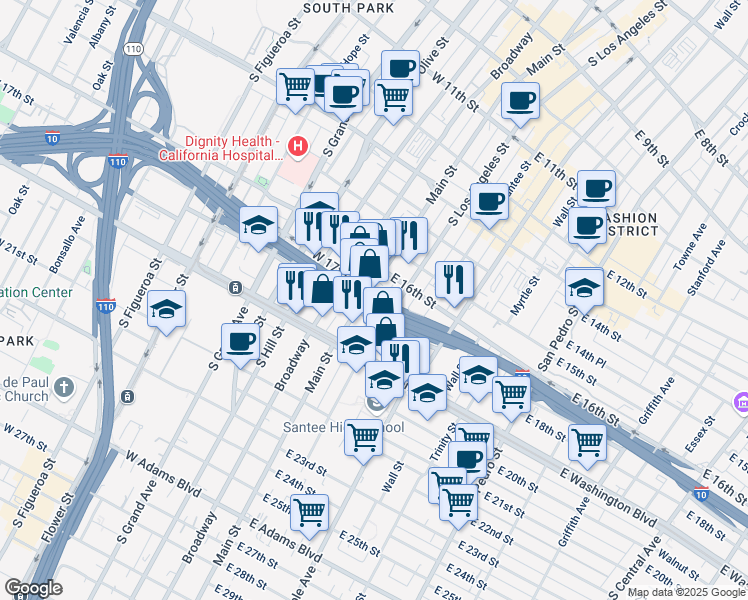 map of restaurants, bars, coffee shops, grocery stores, and more near 121 East 18th Street in Los Angeles