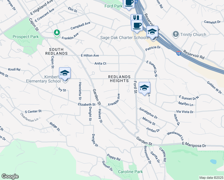 map of restaurants, bars, coffee shops, grocery stores, and more near Hillside Way in Redlands
