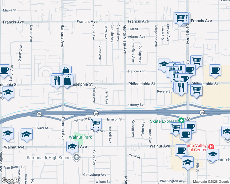 map of restaurants, bars, coffee shops, grocery stores, and more near 12185 Crystal Avenue in Chino