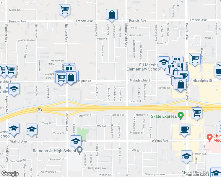 map of restaurants, bars, coffee shops, grocery stores, and more near 12139 Serra Avenue in Chino