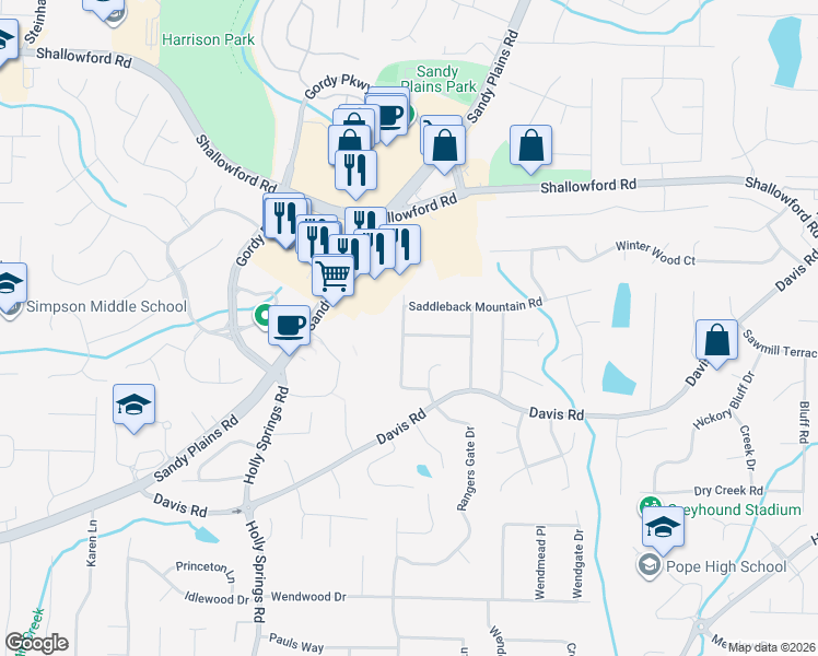 map of restaurants, bars, coffee shops, grocery stores, and more near 3352 Hunters Lodge Road in Marietta