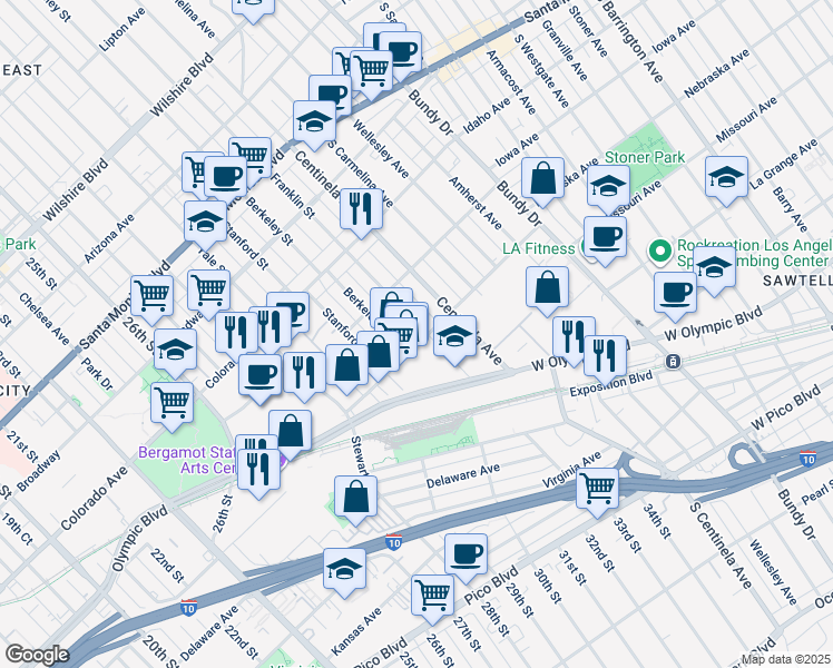 map of restaurants, bars, coffee shops, grocery stores, and more near 3111 Olympic Boulevard in Santa Monica