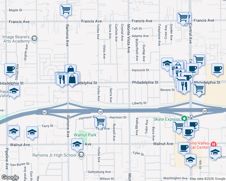 map of restaurants, bars, coffee shops, grocery stores, and more near 12139 Serra Avenue in Chino