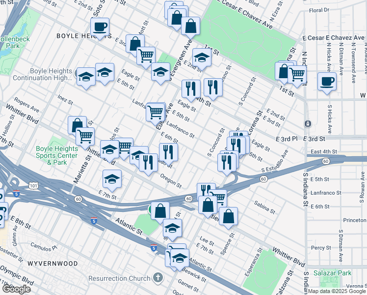 map of restaurants, bars, coffee shops, grocery stores, and more near 3078 East 6th Street in Los Angeles