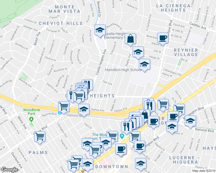map of restaurants, bars, coffee shops, grocery stores, and more near Cardiff Avenue in Los Angeles
