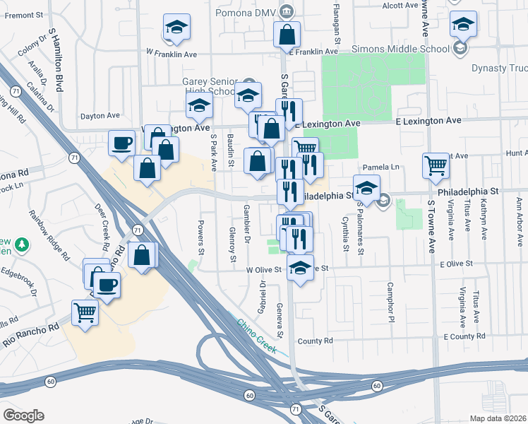 map of restaurants, bars, coffee shops, grocery stores, and more near in Pomona