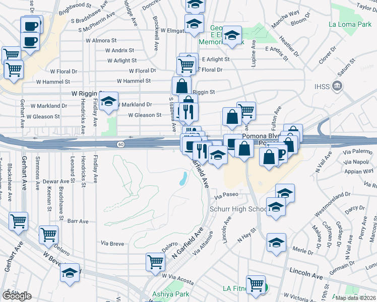 map of restaurants, bars, coffee shops, grocery stores, and more near 897 North Garfield Avenue in Montebello