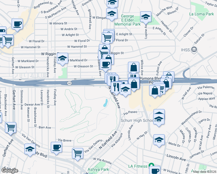 map of restaurants, bars, coffee shops, grocery stores, and more near 897 North Garfield Avenue in Montebello