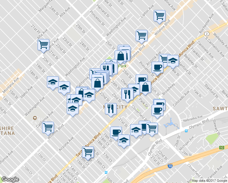 map of restaurants, bars, coffee shops, grocery stores, and more near 1247 23rd Street in Santa Monica