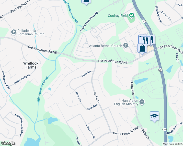 map of restaurants, bars, coffee shops, grocery stores, and more near 458 Slew Avenue in Lawrenceville