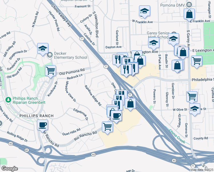 map of restaurants, bars, coffee shops, grocery stores, and more near 19 Skyline Lane in Pomona