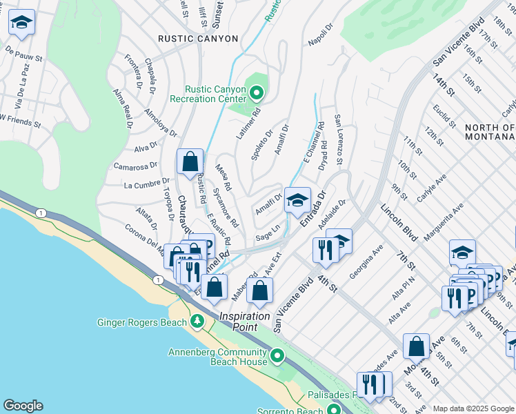 map of restaurants, bars, coffee shops, grocery stores, and more near 311 Amalfi Drive in Santa Monica