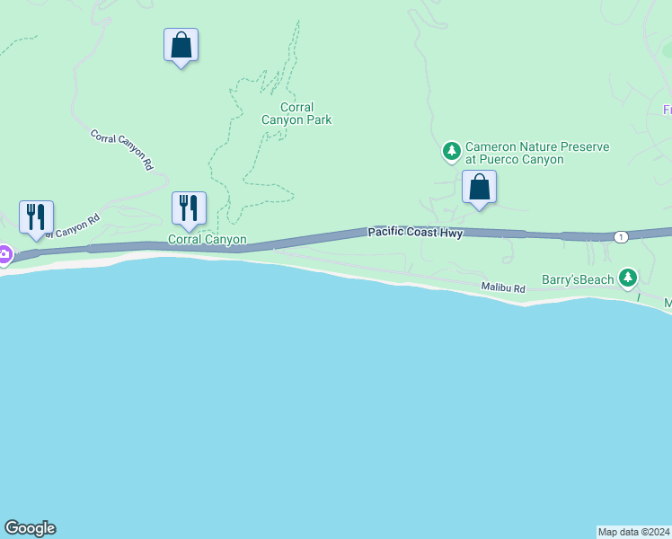 map of restaurants, bars, coffee shops, grocery stores, and more near 25366 Malibu Road in Malibu