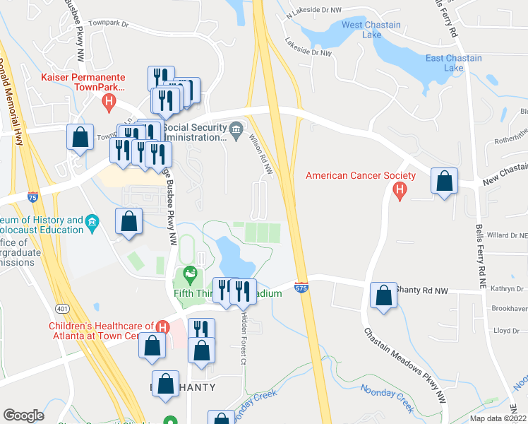 map of restaurants, bars, coffee shops, grocery stores, and more near 3312 Chastain Gardens Drive Northwest in Kennesaw