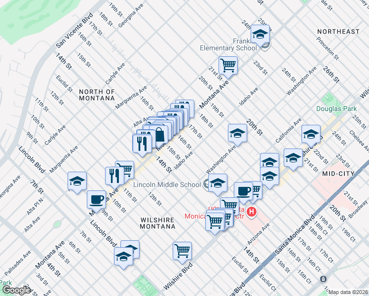 map of restaurants, bars, coffee shops, grocery stores, and more near 1505 Idaho Avenue in Santa Monica