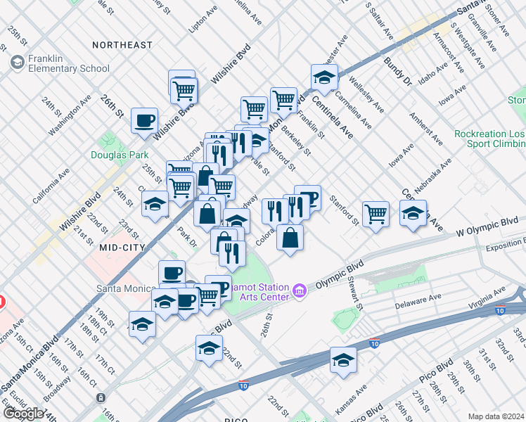map of restaurants, bars, coffee shops, grocery stores, and more near 1552 Harvard Street in Santa Monica