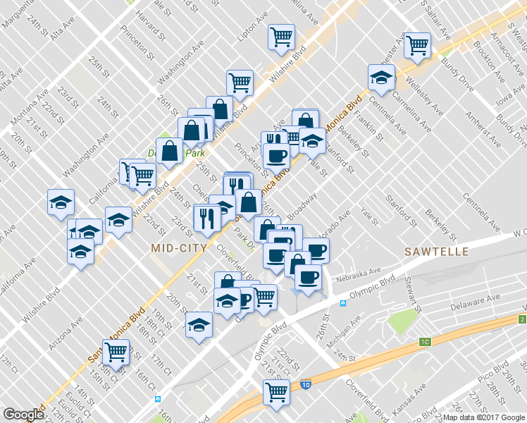 map of restaurants, bars, coffee shops, grocery stores, and more near in Santa Monica