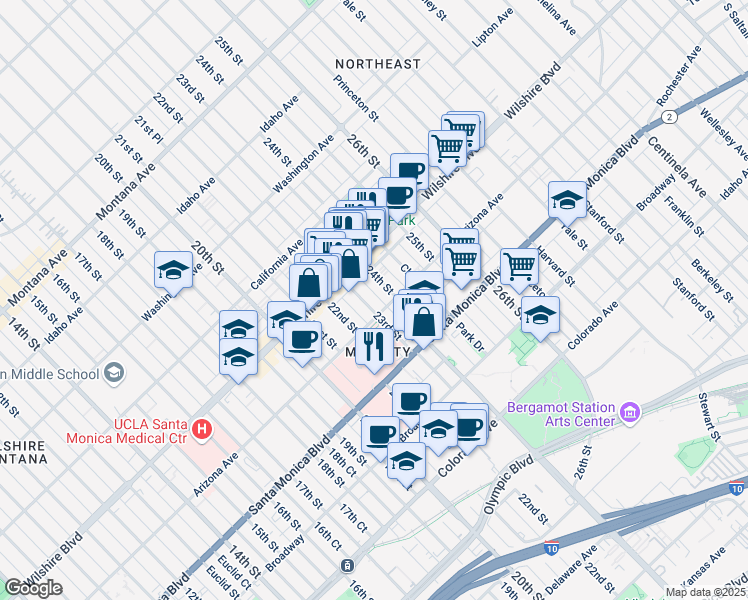 map of restaurants, bars, coffee shops, grocery stores, and more near 1247 23rd Street in Santa Monica