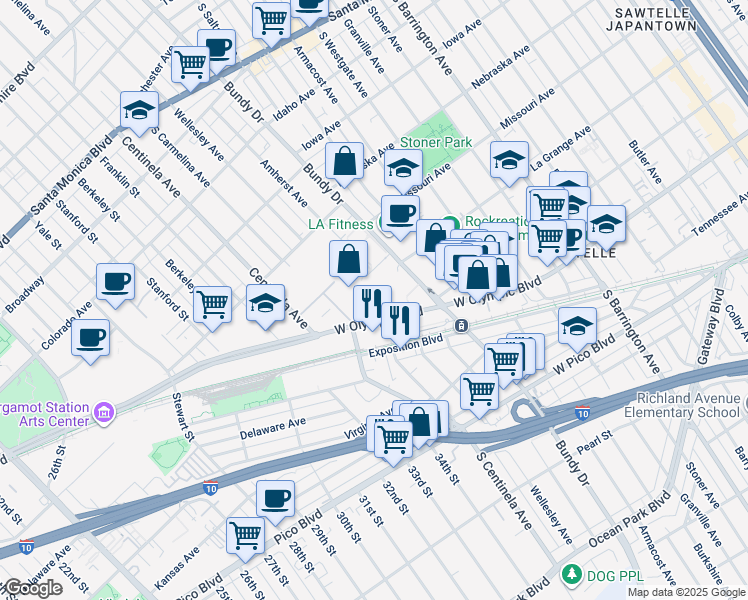 map of restaurants, bars, coffee shops, grocery stores, and more near 12233 West Olympic Boulevard in Los Angeles
