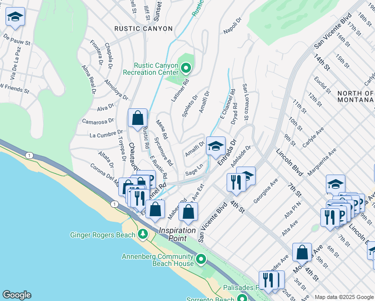 map of restaurants, bars, coffee shops, grocery stores, and more near 311 Amalfi Drive in Santa Monica