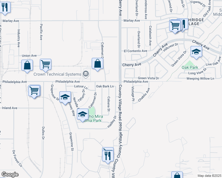 map of restaurants, bars, coffee shops, grocery stores, and more near 3050 Cabana Street in Jurupa Valley