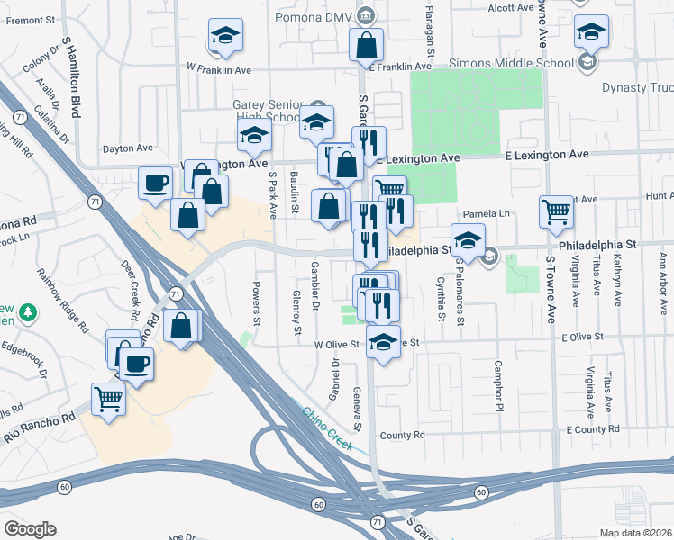 map of restaurants, bars, coffee shops, grocery stores, and more near in Pomona